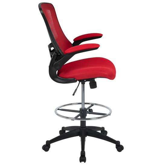 Mid-Back Red Mesh Ergonomic Drafting Chair with Adjustable Foot Ring and Flip-Up Arms