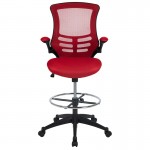 Mid-Back Red Mesh Ergonomic Drafting Chair with Adjustable Foot Ring and Flip-Up Arms