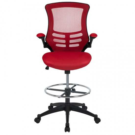 Mid-Back Red Mesh Ergonomic Drafting Chair with Adjustable Foot Ring and Flip-Up Arms