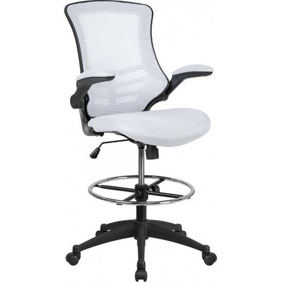 Mid-Back White Mesh Ergonomic Drafting Chair with Adjustable Foot Ring and Flip-Up Arms