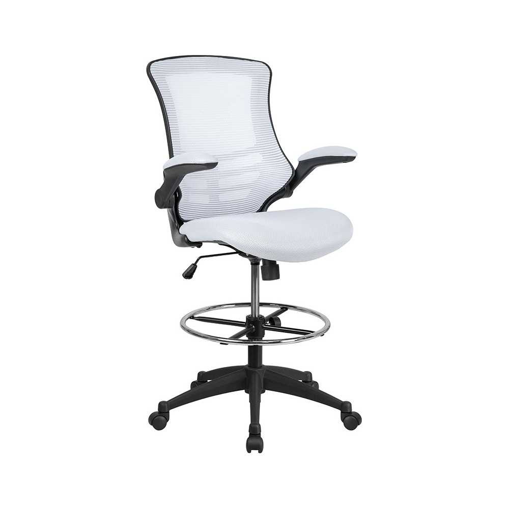 Mid-Back White Mesh Ergonomic Drafting Chair with Adjustable Foot Ring and Flip-Up Arms