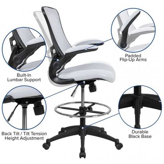 Mid-Back White Mesh Ergonomic Drafting Chair with Adjustable Foot Ring and Flip-Up Arms