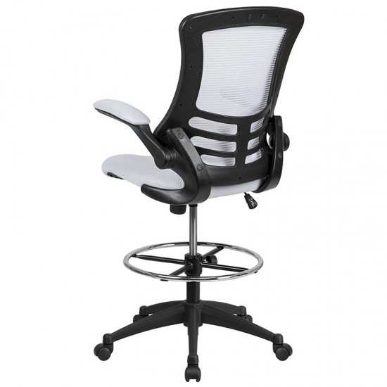 Mid-Back White Mesh Ergonomic Drafting Chair with Adjustable Foot Ring and Flip-Up Arms