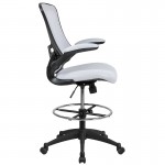 Mid-Back White Mesh Ergonomic Drafting Chair with Adjustable Foot Ring and Flip-Up Arms