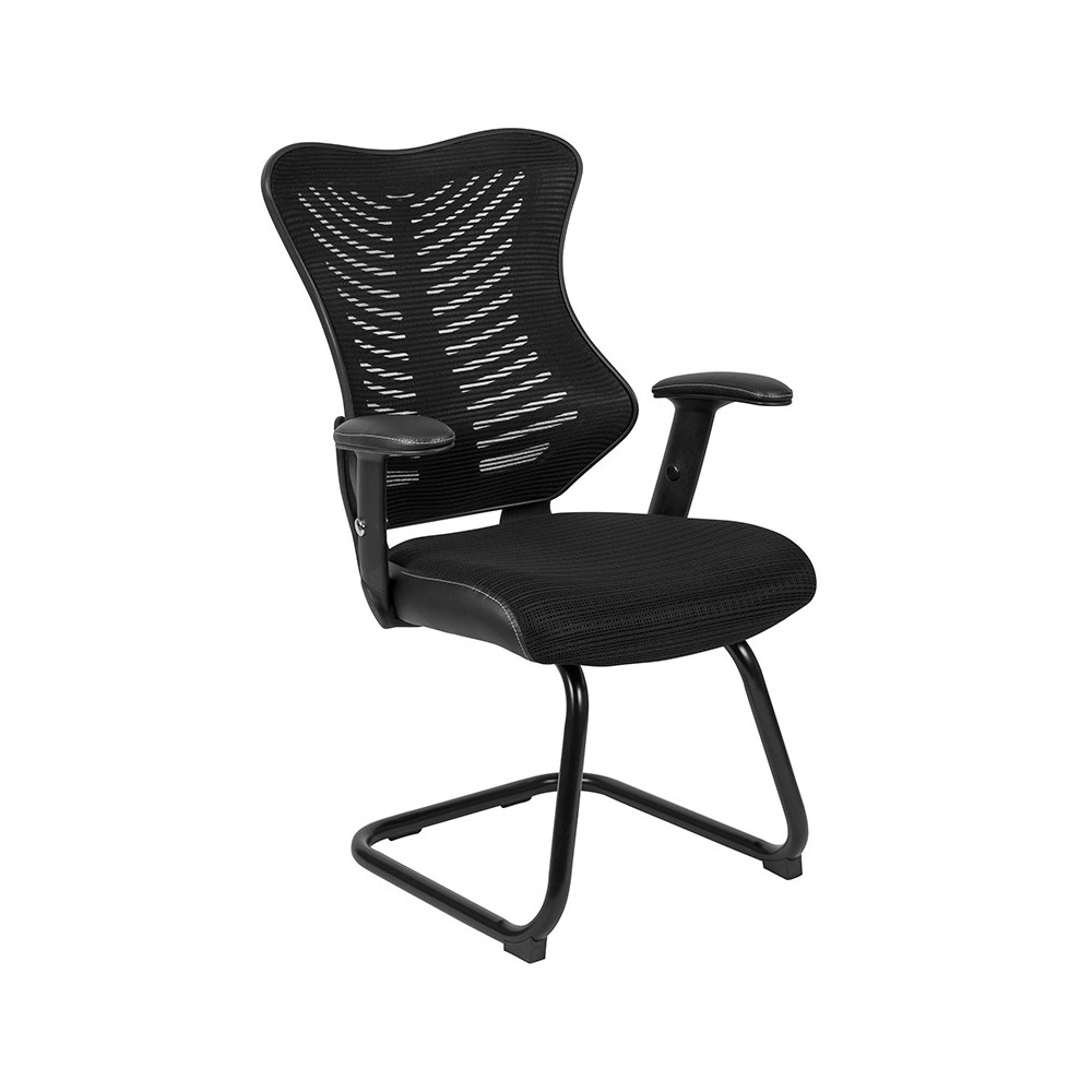 Designer Black Mesh Sled Base Side Reception Chair with Adjustable Arms