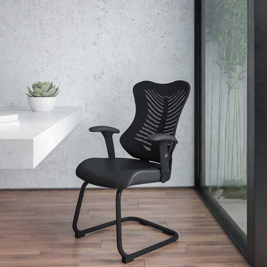 Designer Black Mesh Sled Base Side Reception Chair with Adjustable Arms