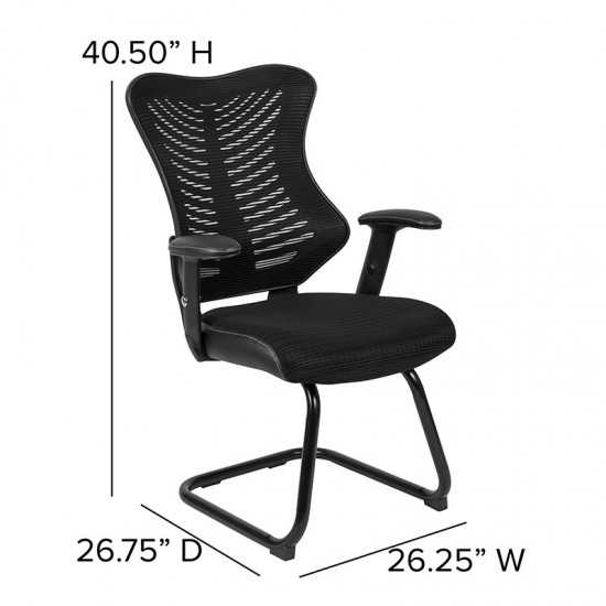 Designer Black Mesh Sled Base Side Reception Chair with Adjustable Arms