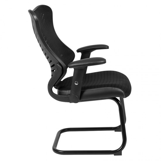 Designer Black Mesh Sled Base Side Reception Chair with Adjustable Arms