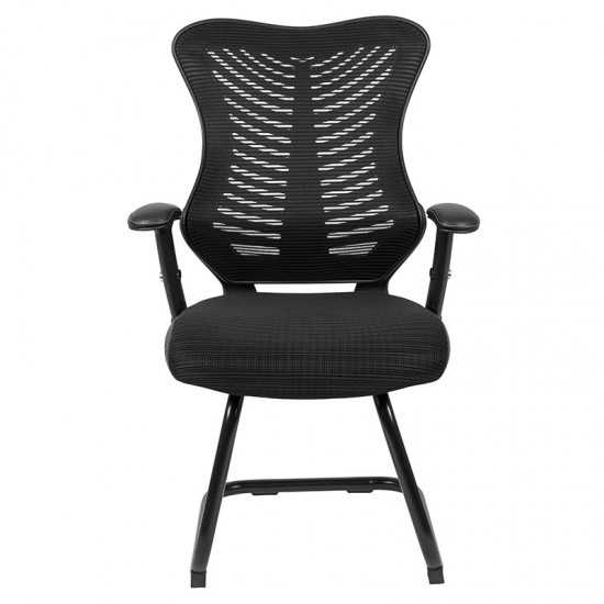 Designer Black Mesh Sled Base Side Reception Chair with Adjustable Arms