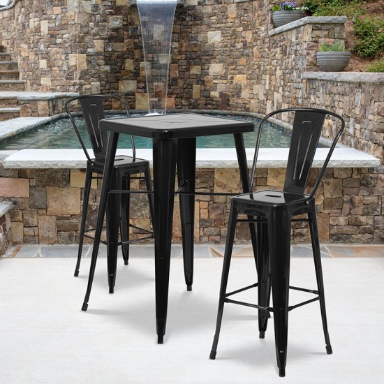 Commercial Grade 23.75" Square Black Metal Indoor-Outdoor Bar Table Set with 2 Stools with Backs