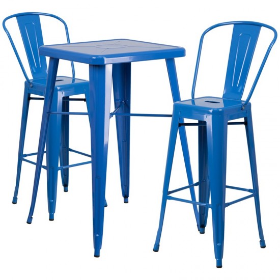 Commercial Grade 23.75" Square Blue Metal Indoor-Outdoor Bar Table Set with 2 Stools with Backs