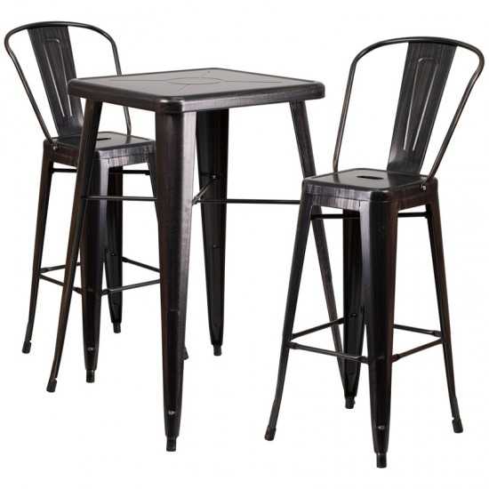 Commercial Grade 23.75" Square Black-Antique Gold Metal Indoor-Outdoor Bar Table Set with 2 Stools with Backs