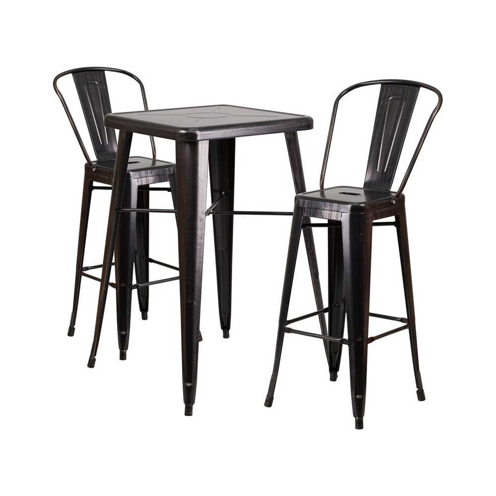 Commercial Grade 23.75" Square Black-Antique Gold Metal Indoor-Outdoor Bar Table Set with 2 Stools with Backs Commercial Grade 23.75" Square Black-Antique Gold Metal Indoor-Outdoor Bar Table Set with 2 Stools with Backs