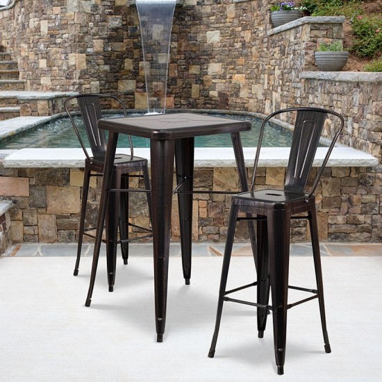 Commercial Grade 23.75" Square Black-Antique Gold Metal Indoor-Outdoor Bar Table Set with 2 Stools with Backs