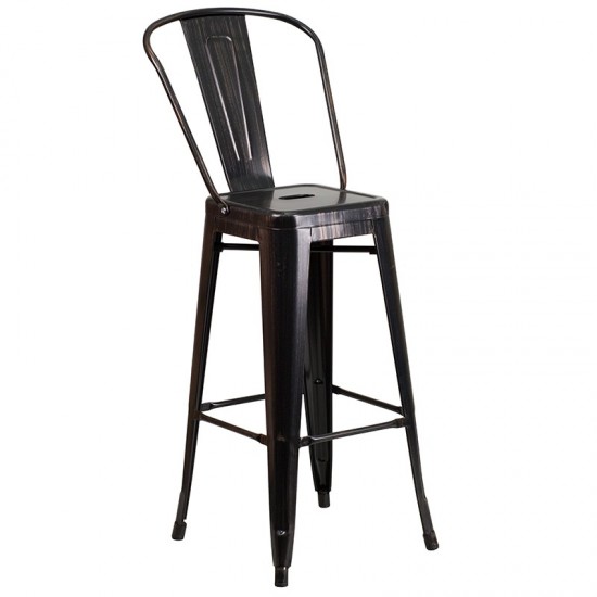 Commercial Grade 23.75" Square Black-Antique Gold Metal Indoor-Outdoor Bar Table Set with 2 Stools with Backs