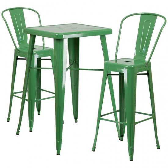 Commercial Grade 23.75" Square Green Metal Indoor-Outdoor Bar Table Set with 2 Stools with Backs