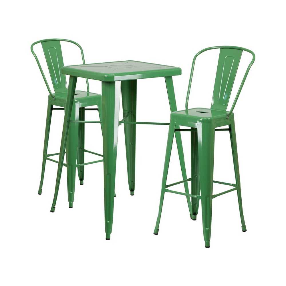 Commercial Grade 23.75" Square Green Metal Indoor-Outdoor Bar Table Set with 2 Stools with Backs Commercial Grade 23.75" Square Green Metal Indoor-Outdoor Bar Table Set with 2 Stools with Backs
