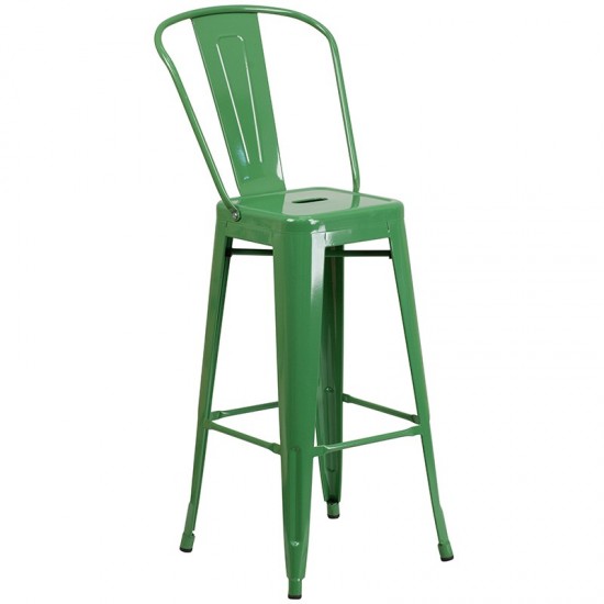 Commercial Grade 23.75" Square Green Metal Indoor-Outdoor Bar Table Set with 2 Stools with Backs