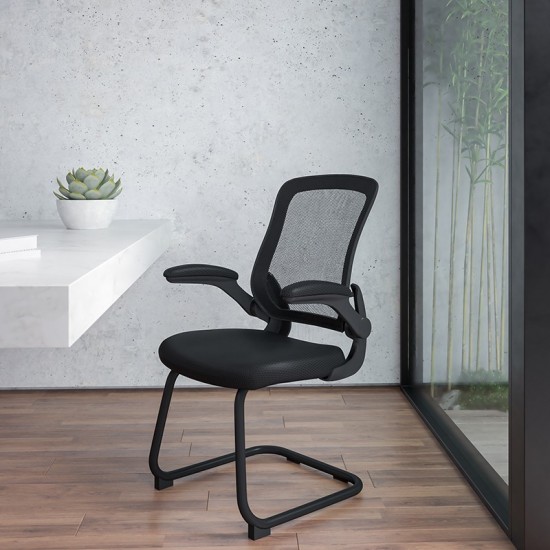 Black Mesh Sled Base Side Reception Chair with Flip-Up Arms