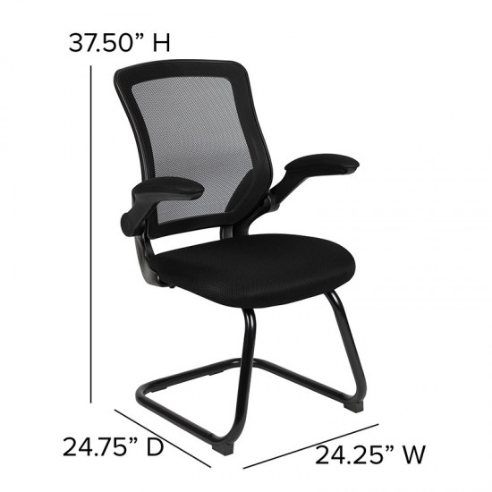 Black Mesh Sled Base Side Reception Chair with Flip-Up Arms