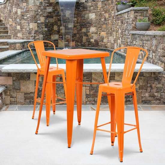 Commercial Grade 23.75" Square Orange Metal Indoor-Outdoor Bar Table Set with 2 Stools with Backs