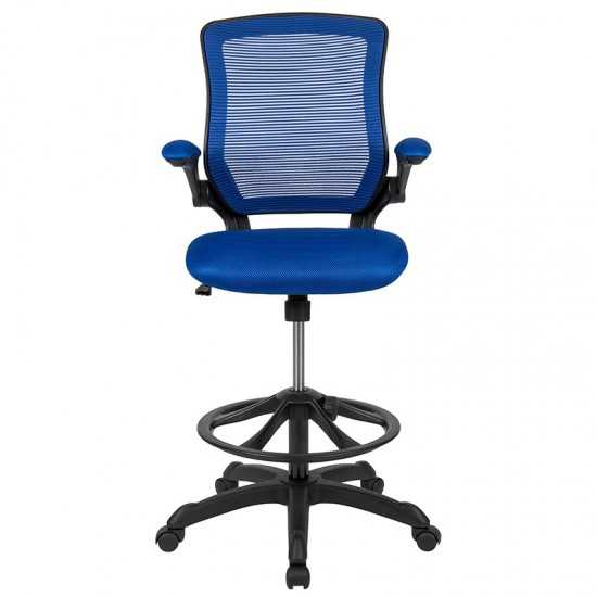 Mid-Back Blue Mesh Ergonomic Drafting Chair with Adjustable Foot Ring and Flip-Up Arms