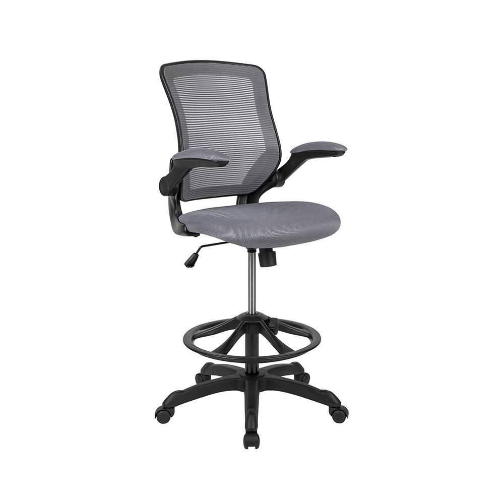 Mid-Back Dark Gray Mesh Ergonomic Drafting Chair with Adjustable Foot Ring and Flip-Up Arms