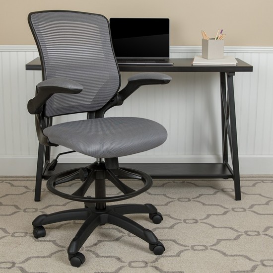 Mid-Back Dark Gray Mesh Ergonomic Drafting Chair with Adjustable Foot Ring and Flip-Up Arms