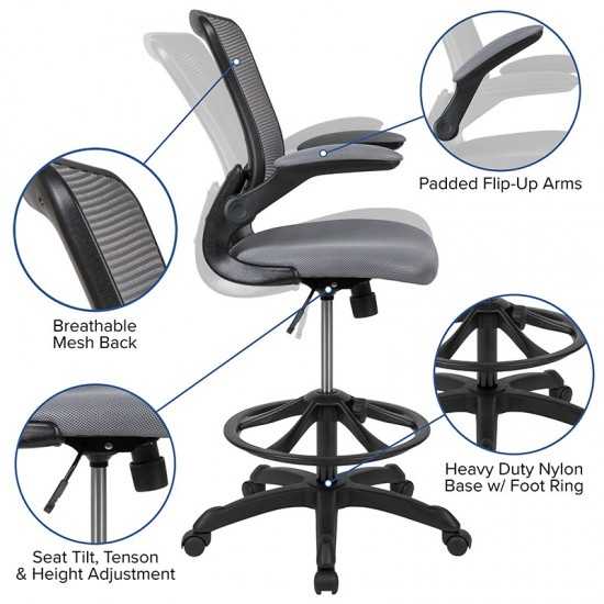 Mid-Back Dark Gray Mesh Ergonomic Drafting Chair with Adjustable Foot Ring and Flip-Up Arms