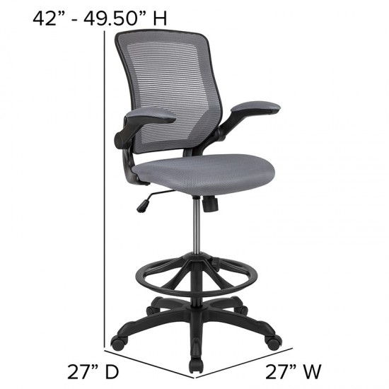 Mid-Back Dark Gray Mesh Ergonomic Drafting Chair with Adjustable Foot Ring and Flip-Up Arms