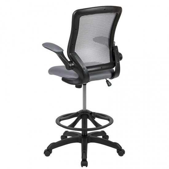 Mid-Back Dark Gray Mesh Ergonomic Drafting Chair with Adjustable Foot Ring and Flip-Up Arms