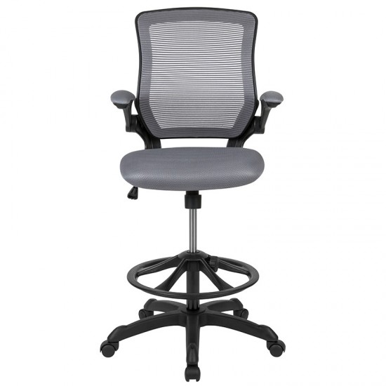 Mid-Back Dark Gray Mesh Ergonomic Drafting Chair with Adjustable Foot Ring and Flip-Up Arms