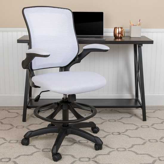 Mid-Back White Mesh Ergonomic Drafting Chair with Adjustable Foot Ring and Flip-Up Arms