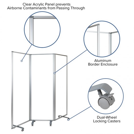 Transparent Acrylic Mobile Partition with Lockable Casters, 72"H x 24"L (3 Sections Included)