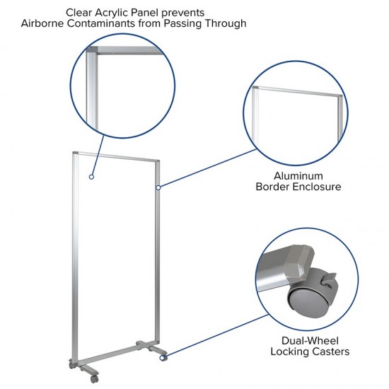 Transparent Acrylic Mobile Partition with Lockable Casters, 72"H x 36"L