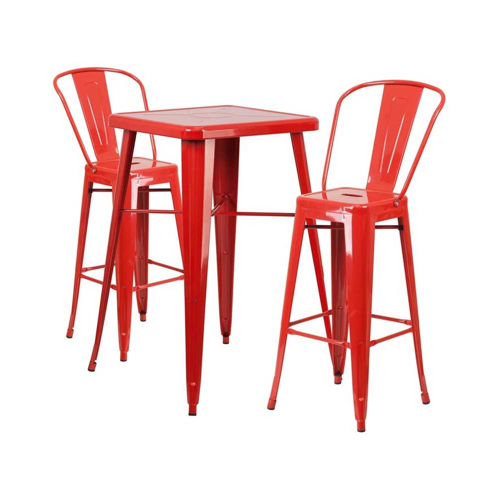Commercial Grade 23.75" Square Red Metal Indoor-Outdoor Bar Table Set with 2 Stools with Backs Commercial Grade 23.75" Square Red Metal Indoor-Outdoor Bar Table Set with 2 Stools with Backs