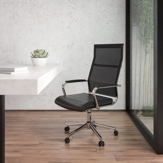 High Back Black Mesh Contemporary Executive Swivel Office Chair with LeatherSoft Seat