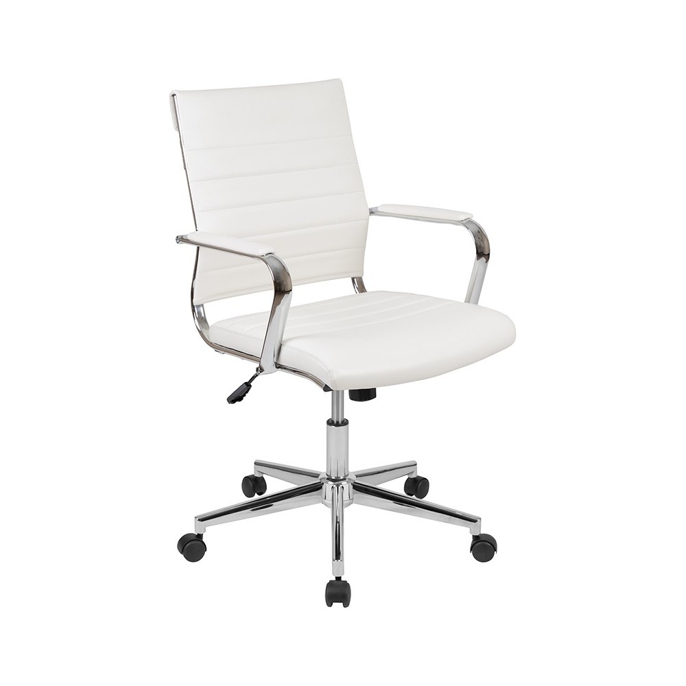 Mid-Back White LeatherSoft Contemporary Ribbed Executive Swivel Office Chair