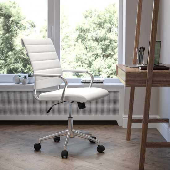 Mid-Back White LeatherSoft Contemporary Ribbed Executive Swivel Office Chair