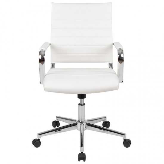 Mid-Back White LeatherSoft Contemporary Ribbed Executive Swivel Office Chair