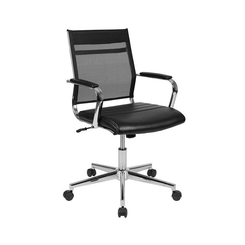 Mid-Back Black Mesh Contemporary Executive Swivel Office Chair with LeatherSoft Seat