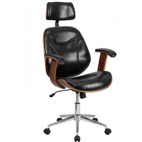 High Back Black LeatherSoft Executive Ergonomic Wood Swivel Office Chair with Arms