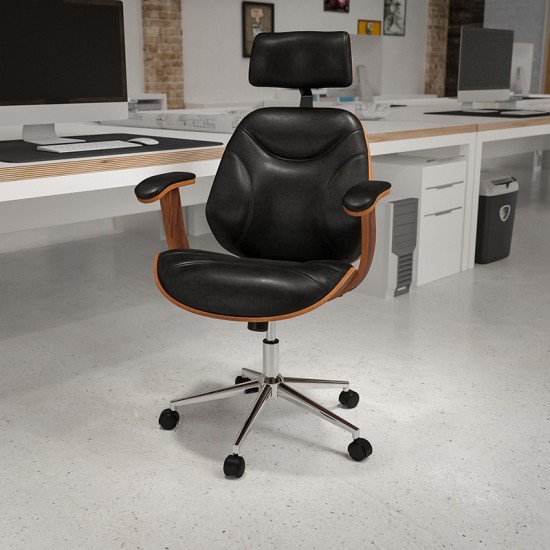 High Back Black LeatherSoft Executive Ergonomic Wood Swivel Office Chair with Arms