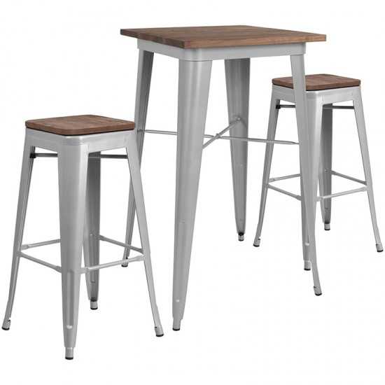 23.5" Square Silver Metal Bar Table Set with Wood Top and 2 Backless Stools