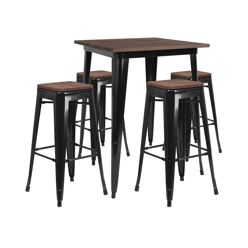 31.5" Square Black Metal Bar Table Set with Wood Top and 4 Backless Stools