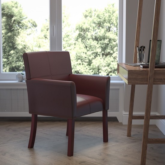 Burgundy LeatherSoft Executive Side Reception Chair with Mahogany Legs