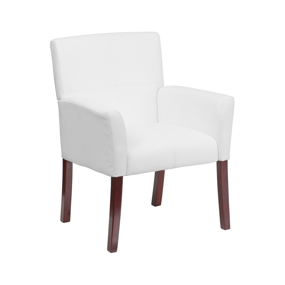 White LeatherSoft Executive Side Reception Chair with Mahogany Legs