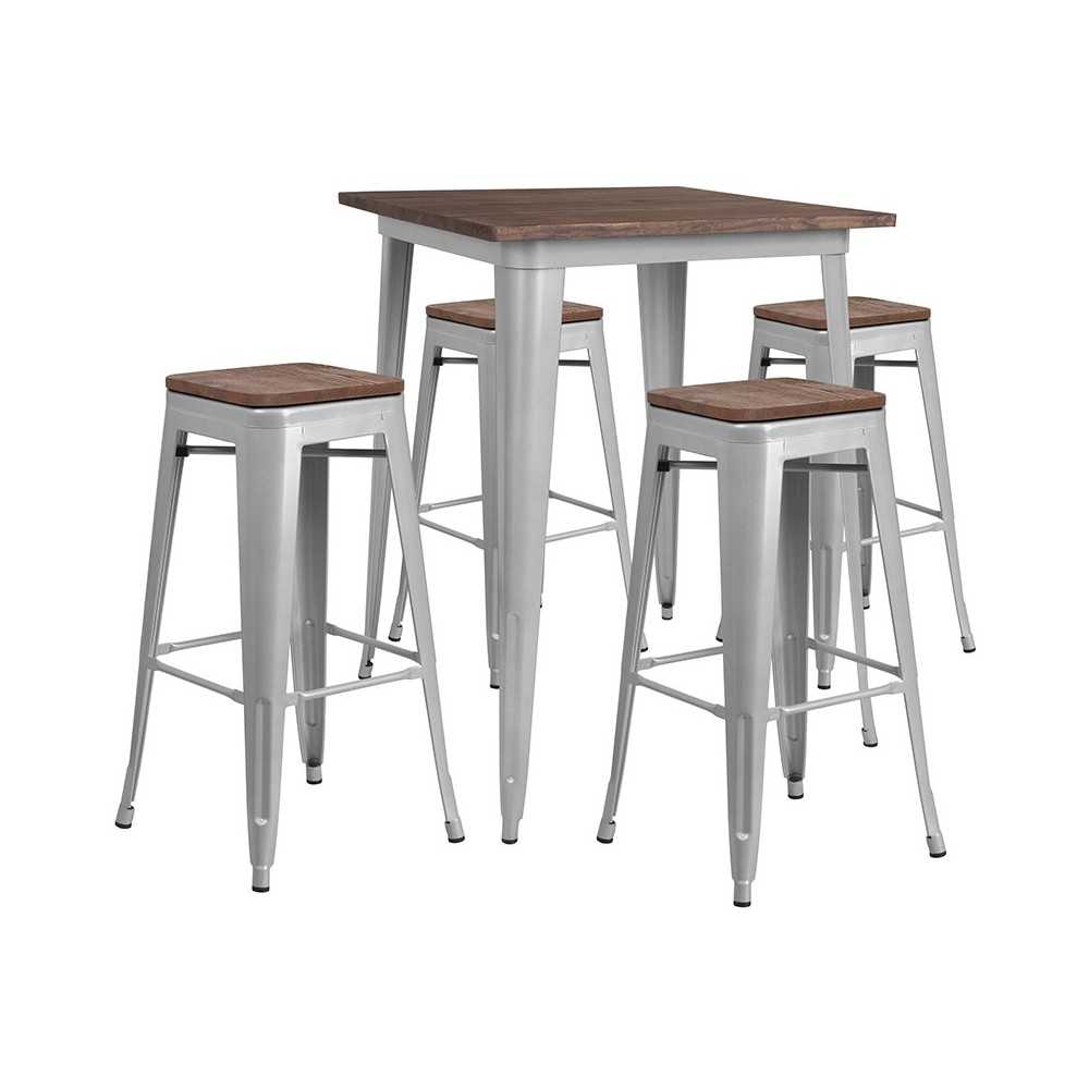 31.5" Square Silver Metal Bar Table Set with Wood Top and 4 Backless Stools 31.5" Square Silver Metal Bar Table Set with Wood Top and 4 Backless Stools