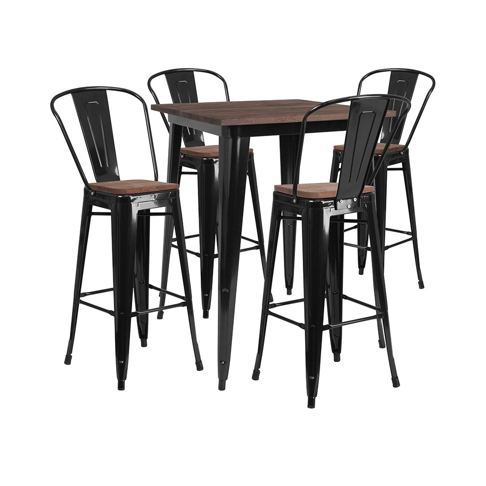 31.5" Square Black Metal Bar Table Set with Wood Top and 4 Stools