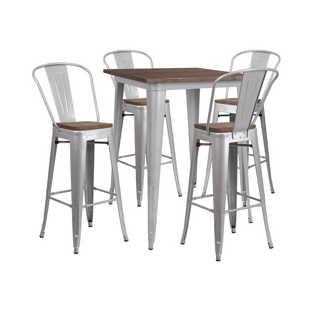 31.5" Square Silver Metal Bar Table Set with Wood Top and 4 Stools 31.5" Square Silver Metal Bar Table Set with Wood Top and 4 Stools